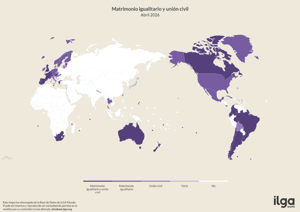 Mapa de ILGA Mundo de países con matrimonio igualitario (matrimonio entre personas del mismo sexo) o uniones civiles (mayo de 2026)