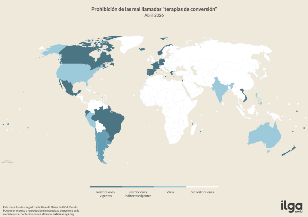 Mapa de ILGA Mundo de países que regulan la «terapia de conversión» (mayo de 2026)