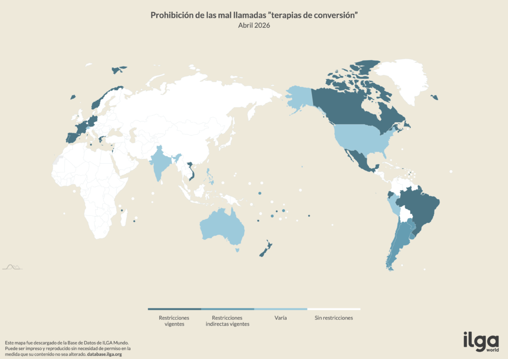 Mapa de ILGA Mundo de países que regulan la «terapia de conversión» (mayo de 2026)