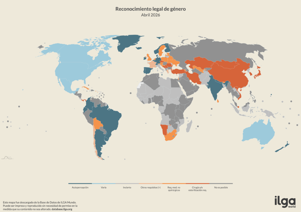 Mapa de ILGA Mundo de países en relación con la autoidentificación y el reconocimiento legal del género (mayo de 2026)