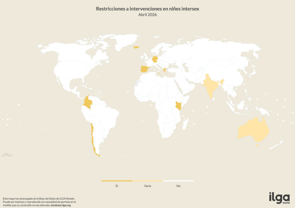 Mapa de ILGA Mundo de países que restringen las intervenciones médicas innecesarias en menores intersex (mayo de 2026)