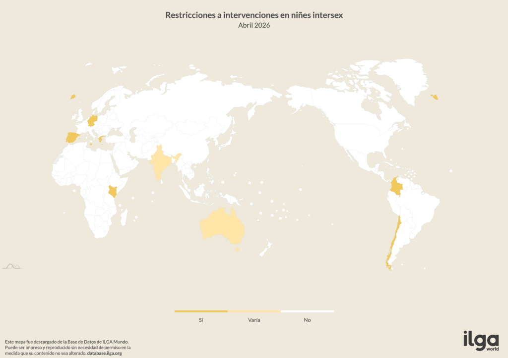 Mapa de ILGA Mundo de países que restringen las intervenciones médicas innecesarias en menores intersex (mayo de 2026)