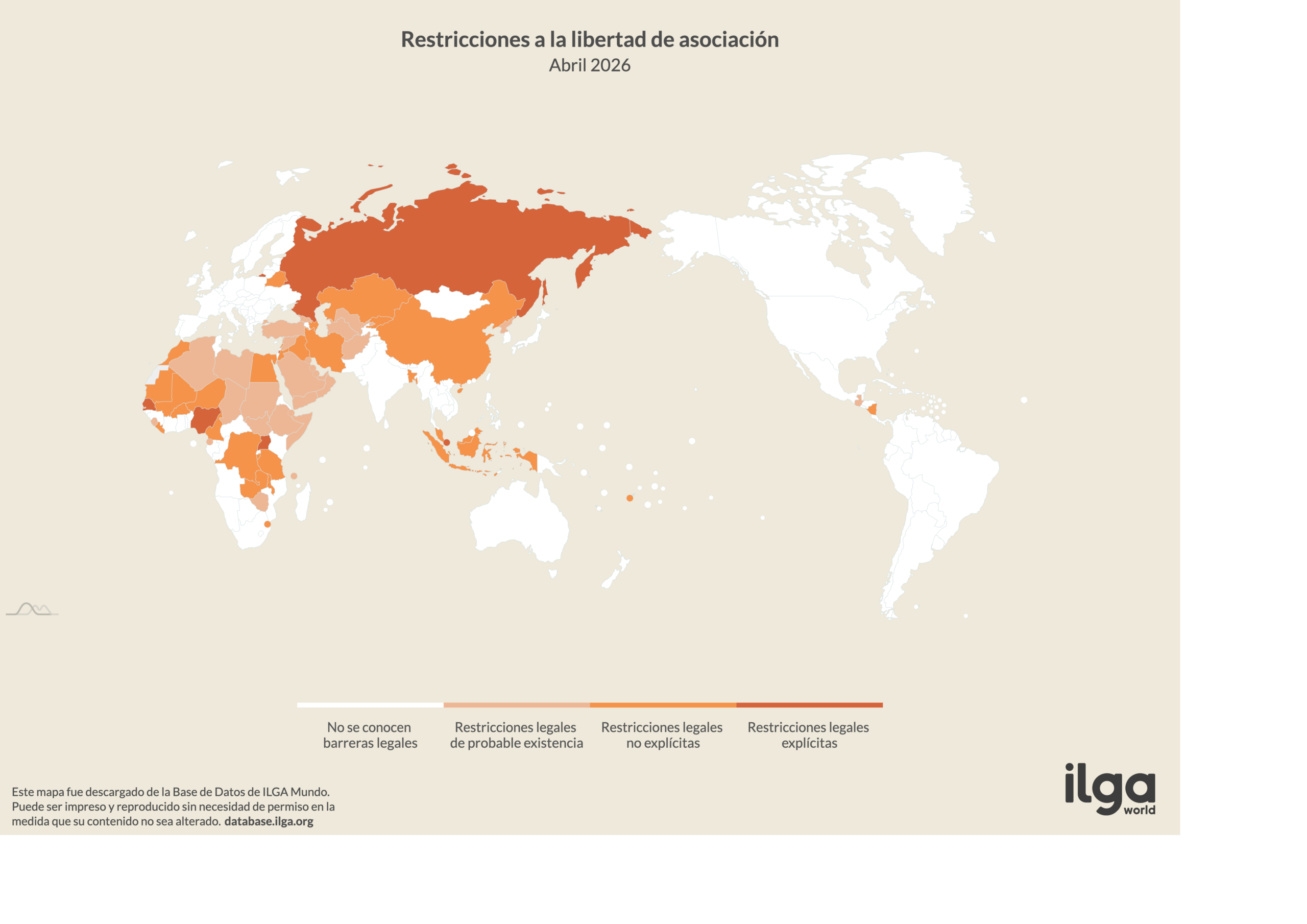 Mapa de ILGA Mundo de los países que restringen la libertad de asociación de las organizaciones de la sociedad civil que trabajan en temas relacionados con la diversidad