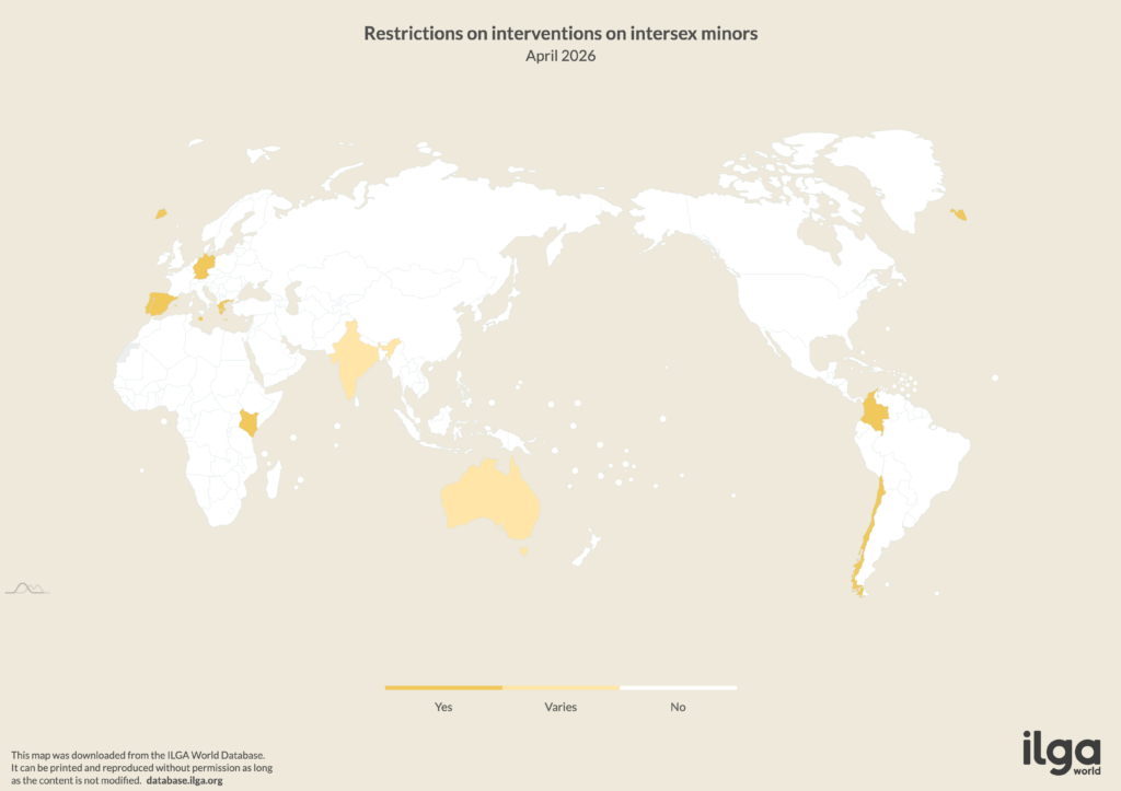 ILGA World map of countries restricting unnecessary medical interventions on intersex minors (May 2026)