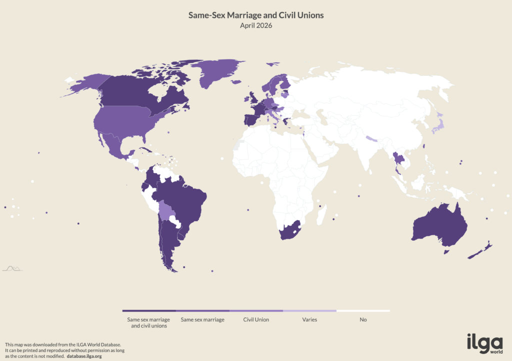 ILGA World map of countries with marriage equality (same-sex marriage) and civil unions (May 2026)