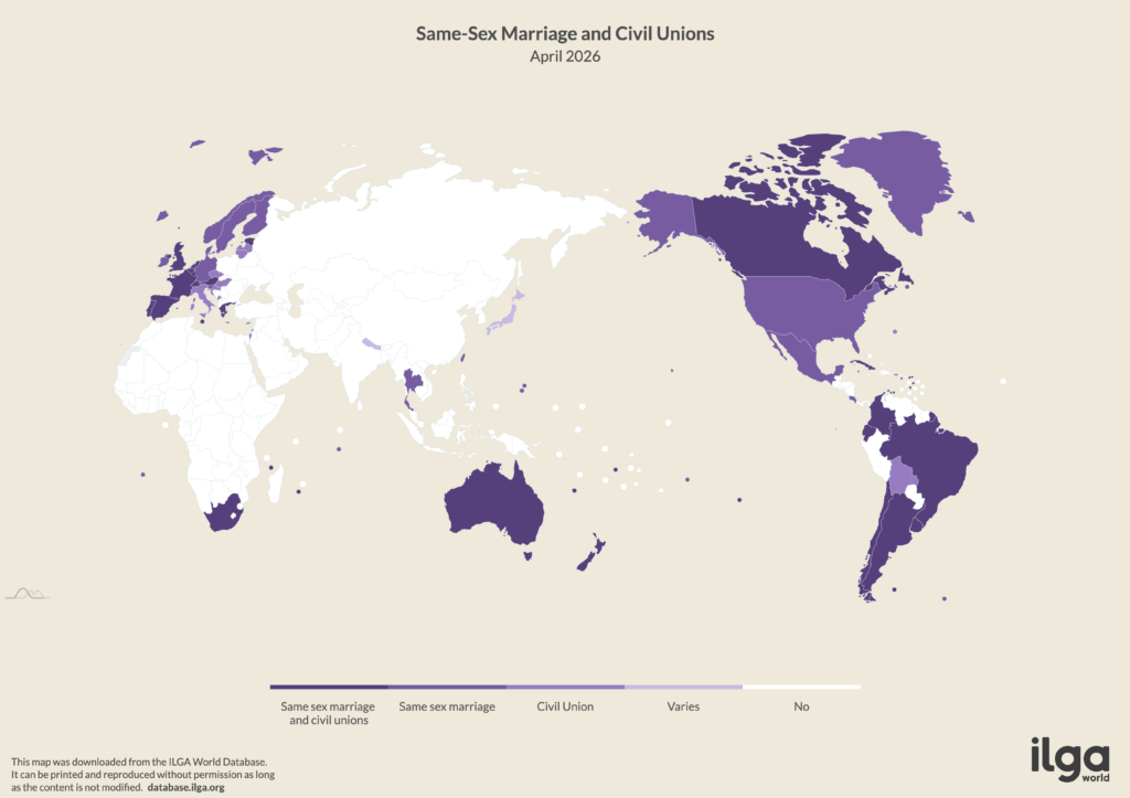 ILGA World map of countries with marriage equality (same-sex marriage) and civil unions (May 2026)