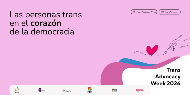 Un gráfico rosa con el texto «Las personas trans en el corazón de la democracia» y «Semana de Activismo Trans 2026», con los logotipos de varias organizaciones en la parte inferior.