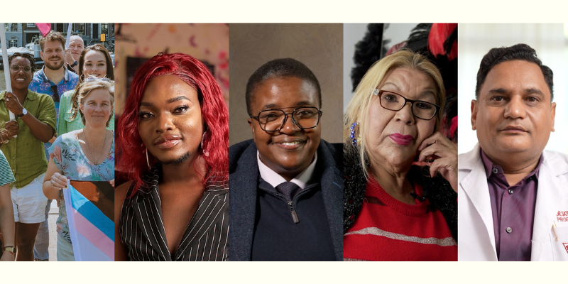 Five adults of diverse backgrounds are pictured in individual photos, including group and solo shots. Some people are smiling, and one holds a Progress Pride flag
