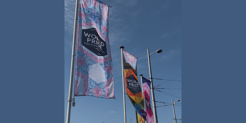 2026 WorldPride flags in the Amsterdam sky