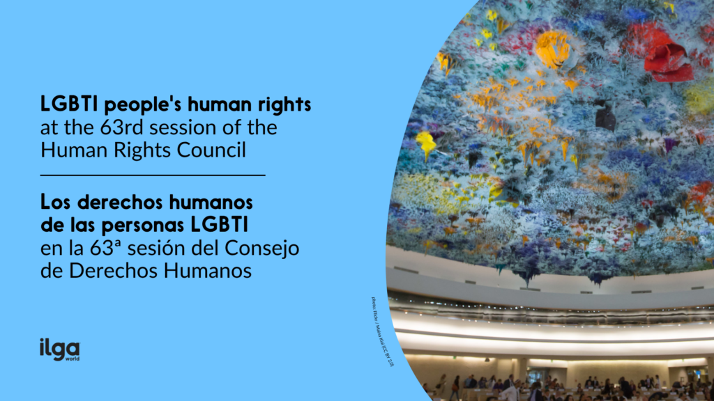 A photo of the blue ceiling of room XX at the Palais des Nations in Geneva. Text in English and Spanish reads "LGBTI people's human rights at the 63rd session of the Human Rights Council"