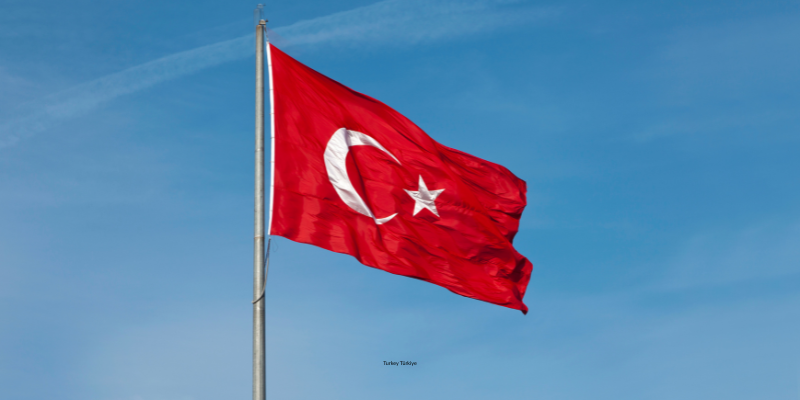 The flag of Türkiye waving on a clear blue sky